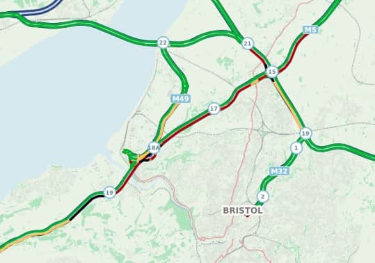 Map showing travel disruption on the M5 and M4 past Bristol