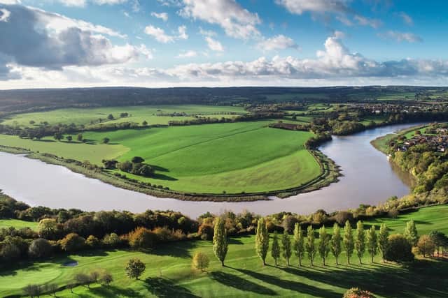 Drone shot of Bristol countryside and the River Severn wending its way through