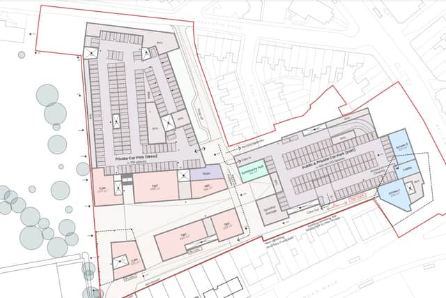 One of the building level drawing plans submitted, showing a cinema, car parking and community hub