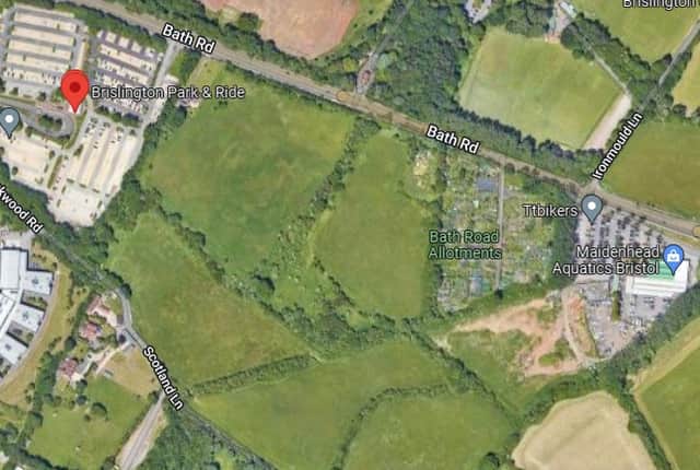 Image from Google Earth showing the fields and trees at the site in Brislington