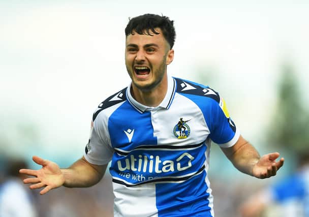 Aaron Collins of Bristol Rovers celebrates their side’s sixth goal against Scunthorpe United 