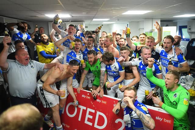 Bristol Rovers celebrate following promotion to League One