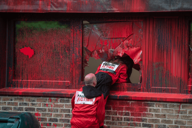 Palestine Action activists break into Israeli-based Elbit Systems at Aztec West in Bristol. Photo by Guy Smallman.