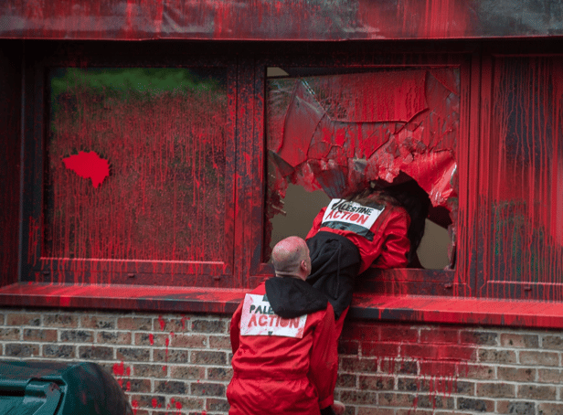 <p>Palestine Action activists break into Israeli-based Elbit Systems at Aztec West in Bristol. Photo by Guy Smallman.</p>