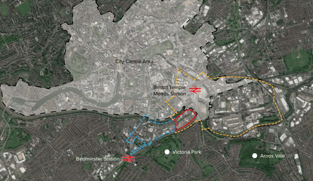 Map showing the Mead Street regeneration area, Bristol City Centre area. Temple Quarter and St Philip’s Marsh regeneration area and Whitehouse Street regeneration area.