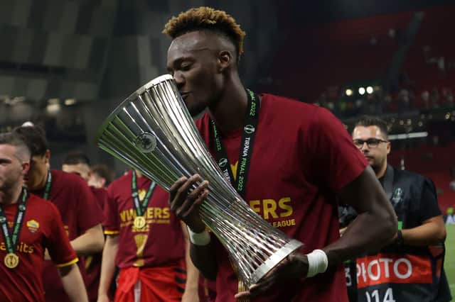Tammy Abraham has made it a second season with Eropean silverware. (Photo by GENT SHKULLAKU/AFP via Getty Images)