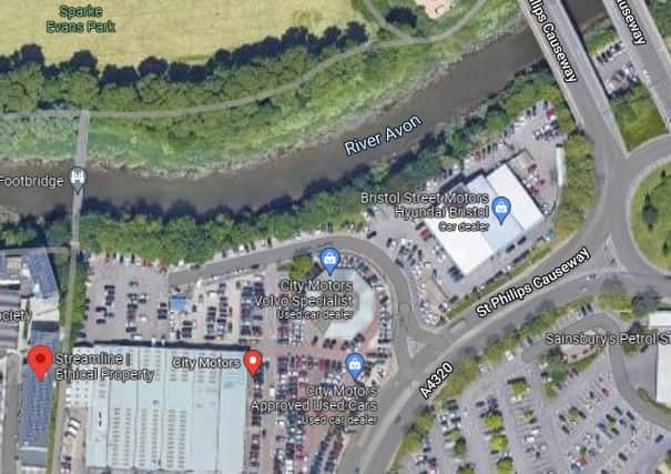 A satellite view of the City Motors site with Sainsbury’s supermarket car park to the bottom right