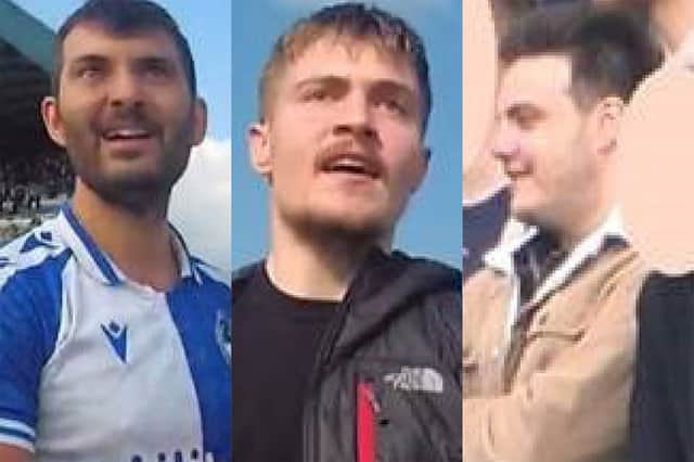 The men police want to identify in connection with crowd trouble at the end of the Bristol Rovers vs Forest Green Rovers game. The two on the left were believed to be in the Bristol Rovers’ end, while the man on the right was in the Forest Green away end.
