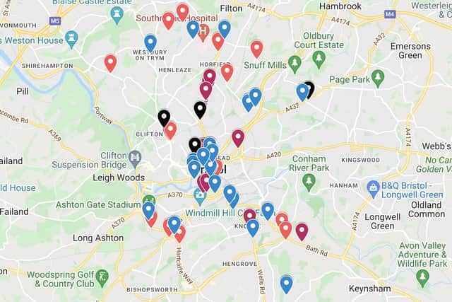 Map drawn up by Adblock showing the locations for digital adverts in Bristol