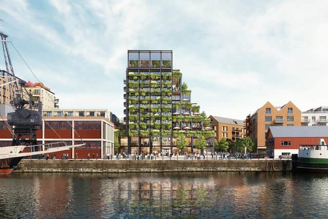 An artist’s impression of what the new landmark building in Wapping Wharf could look like.