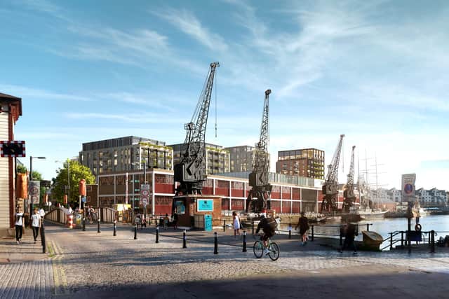 ‘Wapping Wharf North’ will sit behind the M Shed and its iconic shipping cranes.