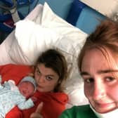 Jess Davis and her surprise baby Freddie with Liv King at Princess Anne Hospital, Southampton