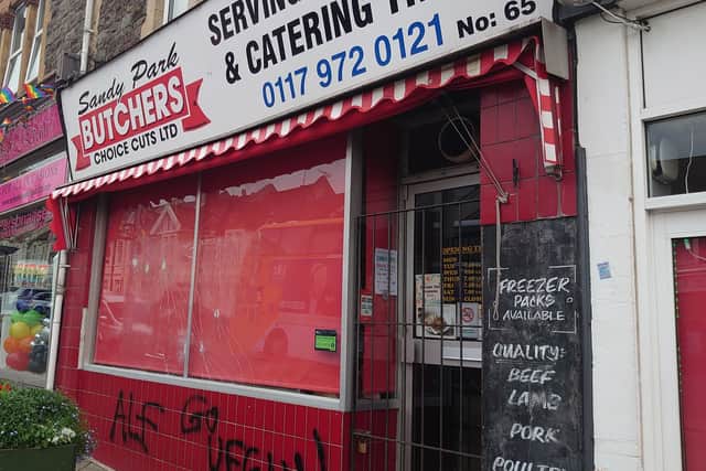 The windows of the businesses were smashed with ‘go vegan’ and ‘ALF’ sprayed on the shop fronts.