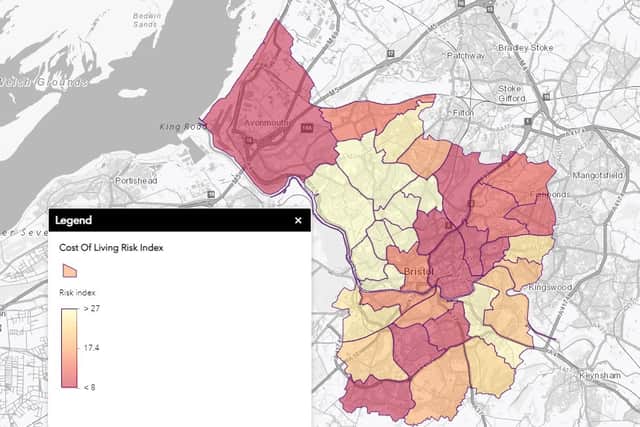 A map showing parts of Bristol most at risk from the cost of living crisis.