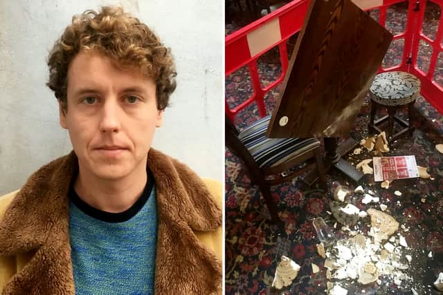 Sam Ireton (left) and debris on floor of the Commercial Rooms, a JD Wetherspoon in Bristol (right).  