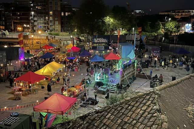 Redcliffe Wharf in central Bristol was dressed as an anti-capitalist encampment for scenes featuring unrest and stunts