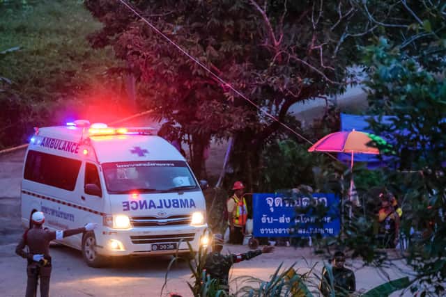 Two ambulances carry the sixth and seventh boys freed from the Tham Luang Nang Non cave site to hospital.