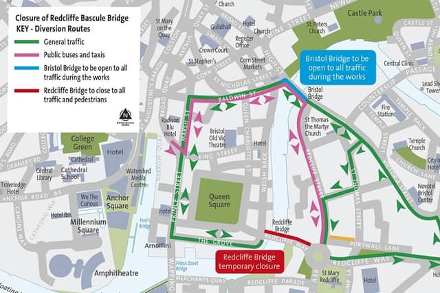  Description* Bristol Bridge is normally closed to normal cars, but drivers won’t be fined while Redcliffe Bridge is closed if they follow the official diversion.