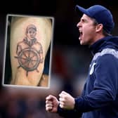 A tattoo of Joey Barton on a Bristol Rovers fans’ leg alongside a photo of Joey Barton, Manager of Bristol Rovers, celebrating heir side’s win after the final whistle. (Image: Naomi Baker of Getty Images ad Adam Purnell)