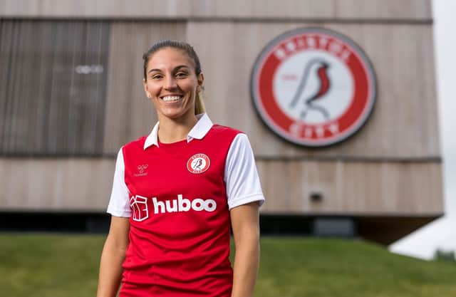 Vicky Bruce poses in a Bristol City shirt after being unveiled as one of their new signs. (Image: Fever Pitch)