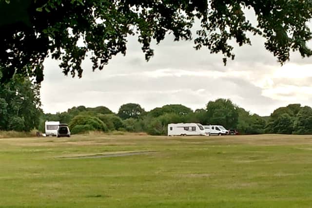 Unauthorised travellers on the Clifton side of the Downs this morning.