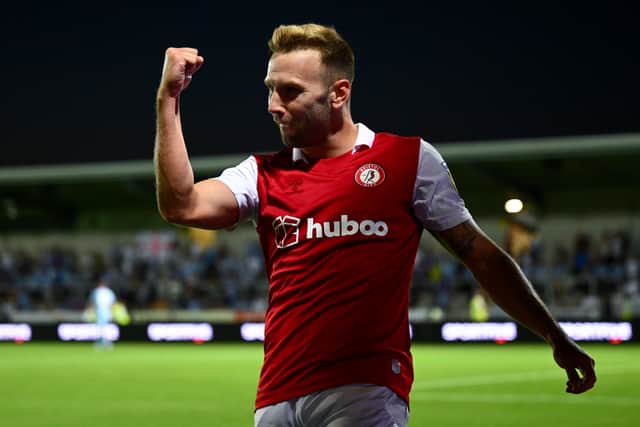  Andreas Weimann of Bristol City celebrates scoring their side’s fourth goal during the Carabao Cup First Round.