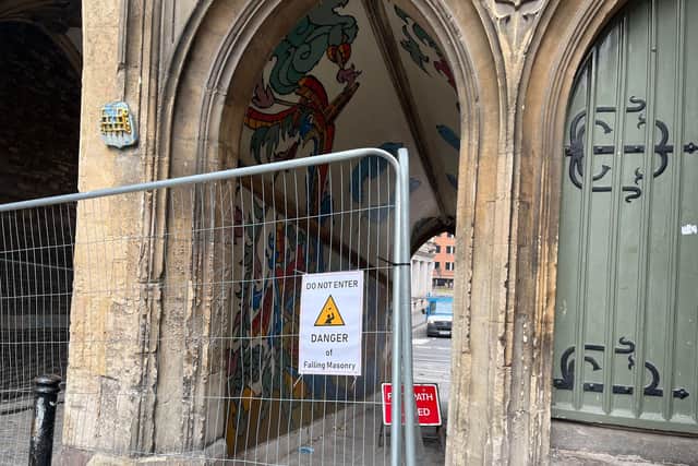Signs aroud the church, which was built around 700 years ago, warn of falling masonry.