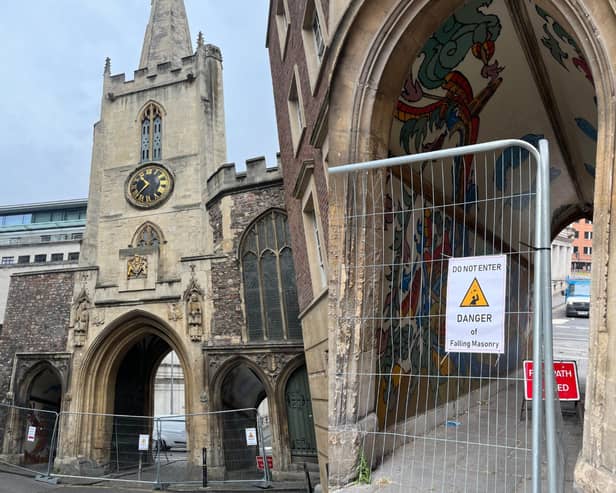 The archway at St John’s Church in Bristol city centre has been sealed off due to danger of falling masonry. 