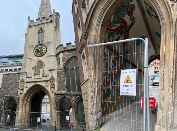 <p>The archway at St John’s Church in Bristol city centre has been sealed off due to danger of falling masonry. </p>