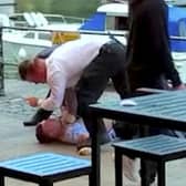 Shocking footage shows the security workers grappling with a customer outside the V-Shed in Bristol earlier this month.