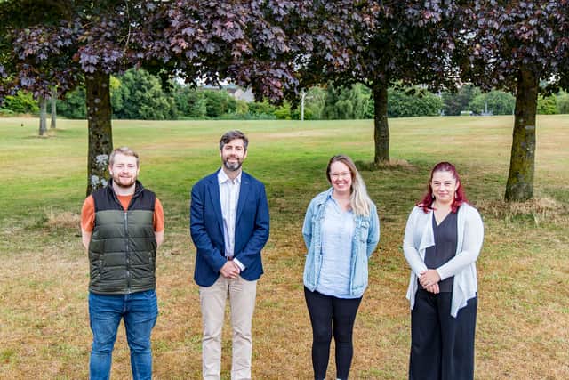 Councillor Sam Bromiley, cabinet member responsible for children and young people; Council Leader Councillor Toby Savage; Councillor Elizabeth Bromiley; and Councillor Rachael Hunt, cabinet member responsible for communities and local place, at the former Warmley Pitch and Putt site.