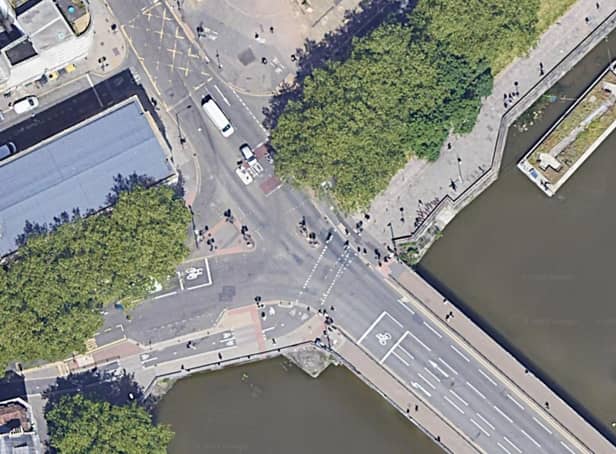 <p>Bristol Bridge, and the current layout ahead of plans for a cycle lane</p>