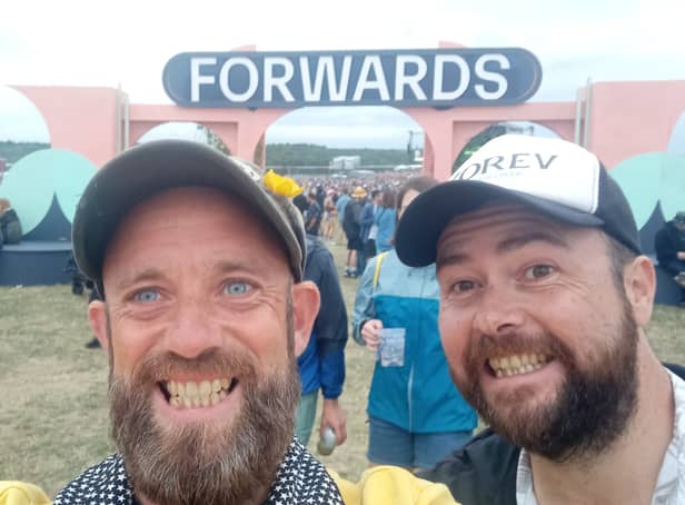 <p>Matthew Barnes with friend Stu at Forwards Festival in Bristol</p>