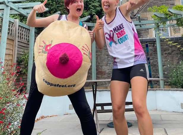 <p>Sarah Palmer (left) and Steph Palmer are running the Great Bristol Run 10k dressed in bosom costumes</p>