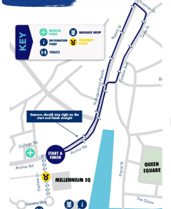 A map of the child-friendly ‘Family Mile’ taking place as part of the Great Bristol Run.