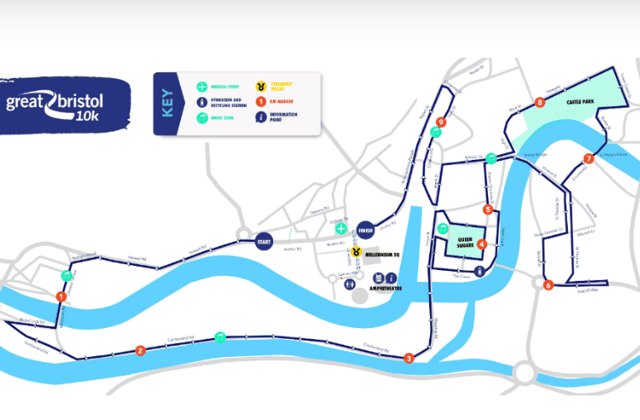 A map of the Great Bristol Run’s 2022 10k route through the city.