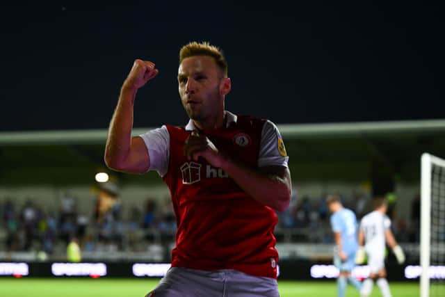 Andreas Weimann of Bristol City celebrates scoring their side’s fourth goal during the Carabao Cup First Round match between Coventry City and Bristol City at Pirelli Stadium on August 10, 2022 in Burton-upon-Trent. 