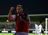 Andreas Weimann of Bristol City celebrates scoring their side’s fourth goal during the Carabao Cup First Round match between Coventry City and Bristol City at Pirelli Stadium on August 10, 2022 in Burton-upon-Trent. 