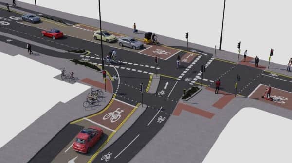 Proposed junction of Lower and Upper Maudlin Streets - note the segregated cycle lane