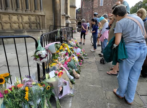 <p>Floral tributes to the scene outside Bristol Cathedral </p>