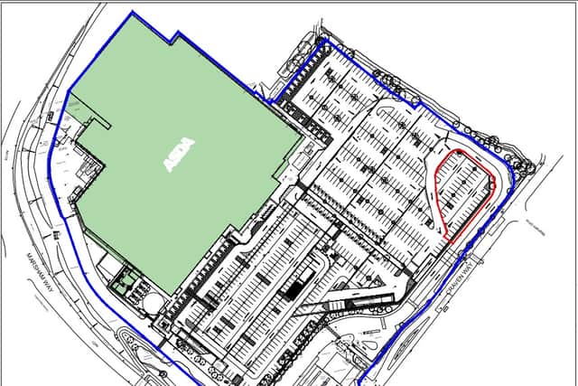 Outlined in red - the proposed location for the KFC restaurant at Asda’s car park