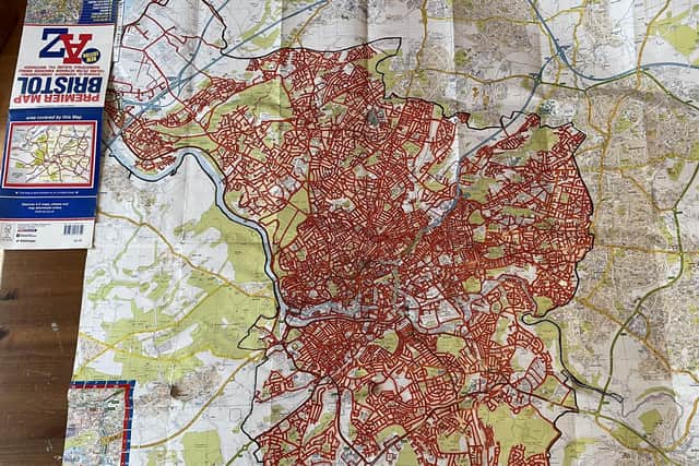 The map which Simon Kosciow used to record all the streets he had walked in Bristol.