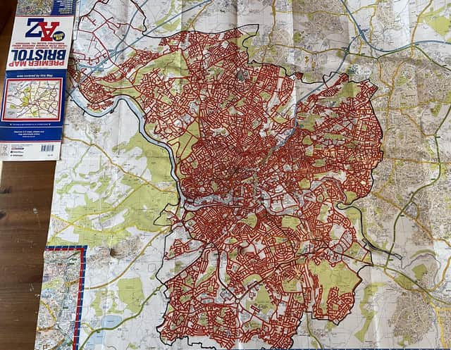 The map which Simon Kosciow used to record all the streets he had walked in Bristol.