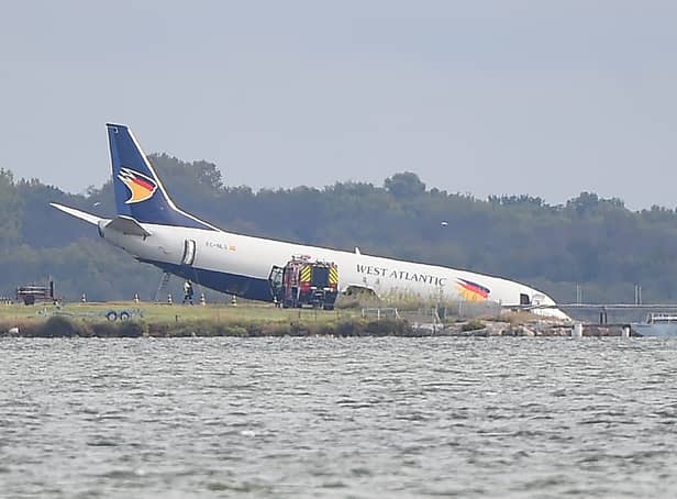<p>The Aeropostale Boeing 737 after it overran the runway during its landing phase at night at Montpellier airport</p>