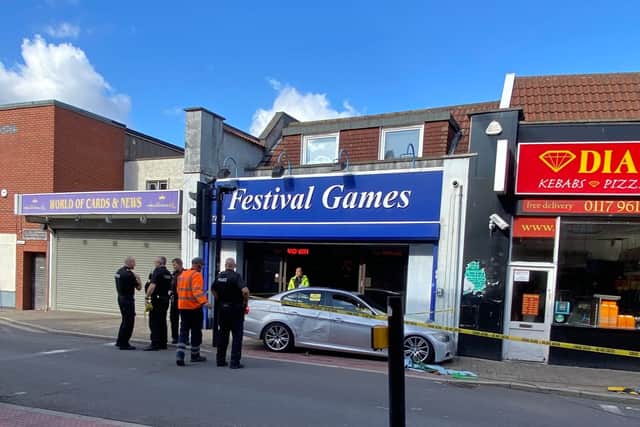 The silver BMW crashed into the arcade gaming shop, and an altercation followed (Credit: Harriet Hosker)