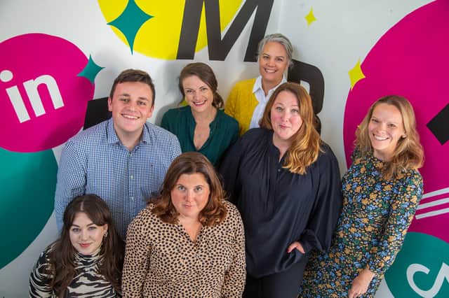 AMBITIOUS PR colleagues (from left) May Mower, Will Reid, Sarah Woodhouse, Dani Andres, Sandra Hodgson, Lis Anderson and Helen Embleton at the agency's new HQ
