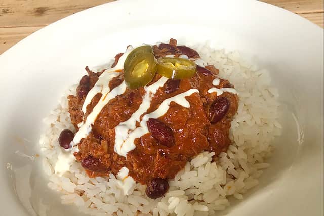 The slow braised beef brisket chilli and rice at The Elm Tree