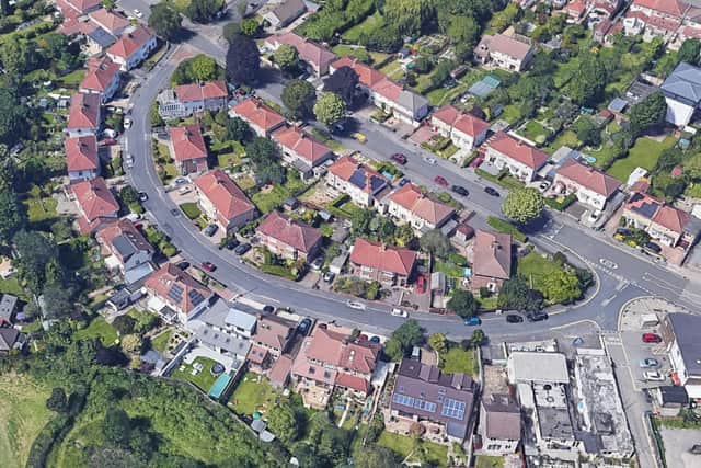 An aerial view of Braemar Crescent in Filton. 18 Braemar Avenue is in the middle of the row of houses immediately above it in the image, on the main road