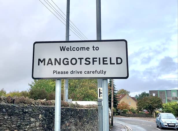 <p>The sign welcoming drivers to Mangotsfield </p>