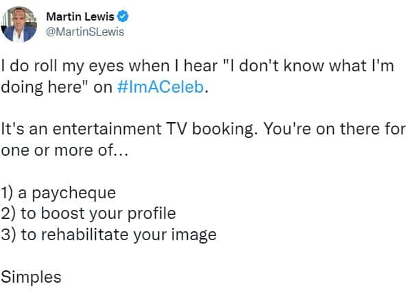 Martin Lewis has revealed his thoughts on the I’m A Celeb contestants (Twitter/ MartinSLewis)